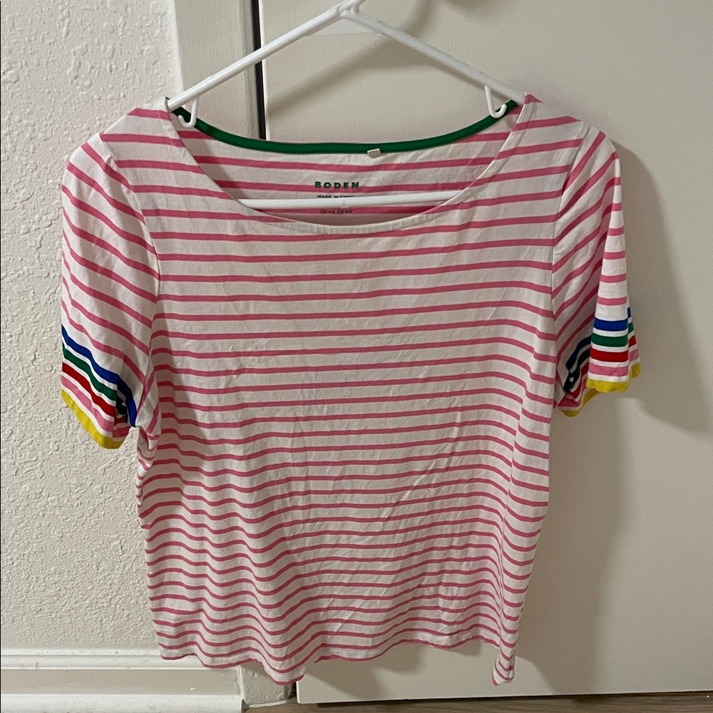 Boden Pink and White Striped Tee with Rainbow Sleeves
